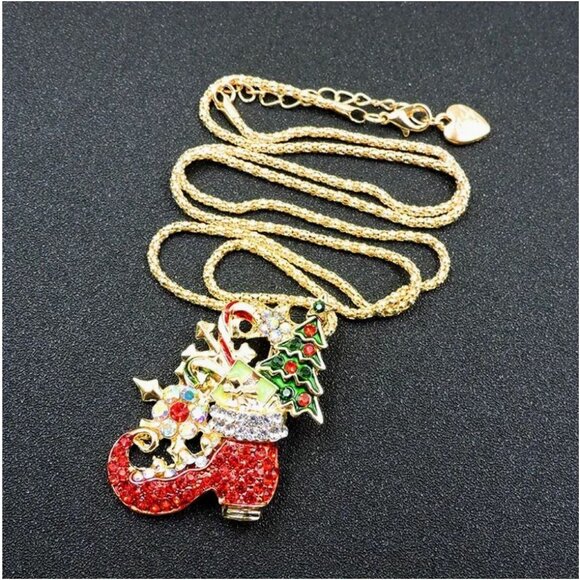 Betsey Johnson Necklace Crystal Christmas Stocking Pendant Gold Tone - Picture 1 of 2